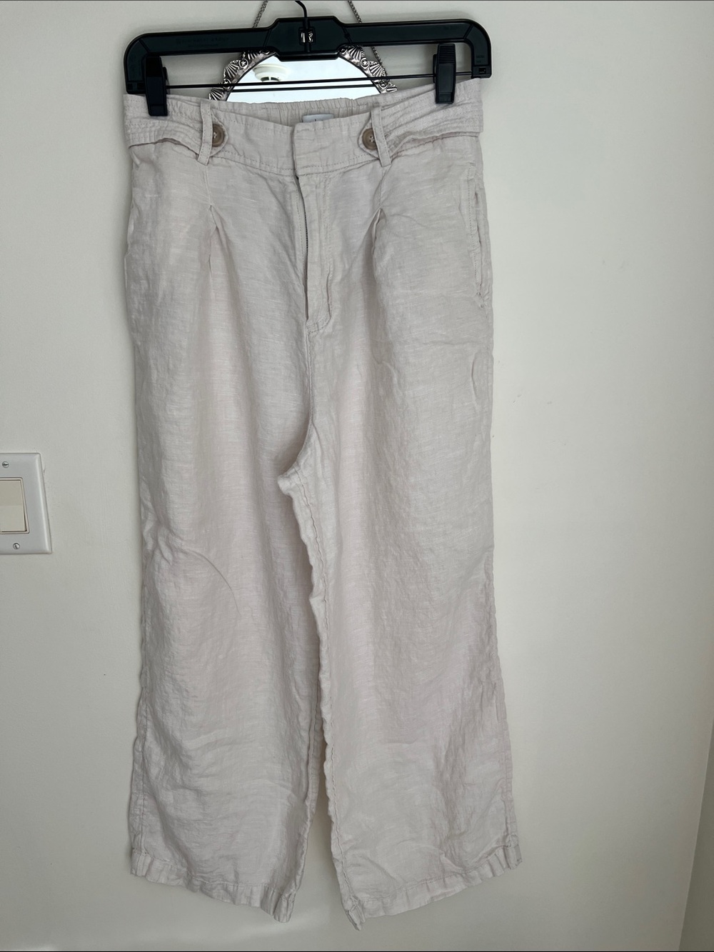 Nicole Miller Linen Elastic-Waist Pants — Light Beige